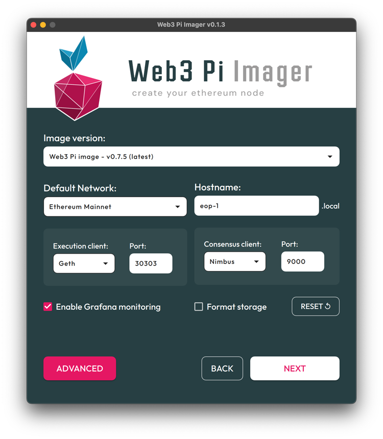 Web3 Pi Imager Settings