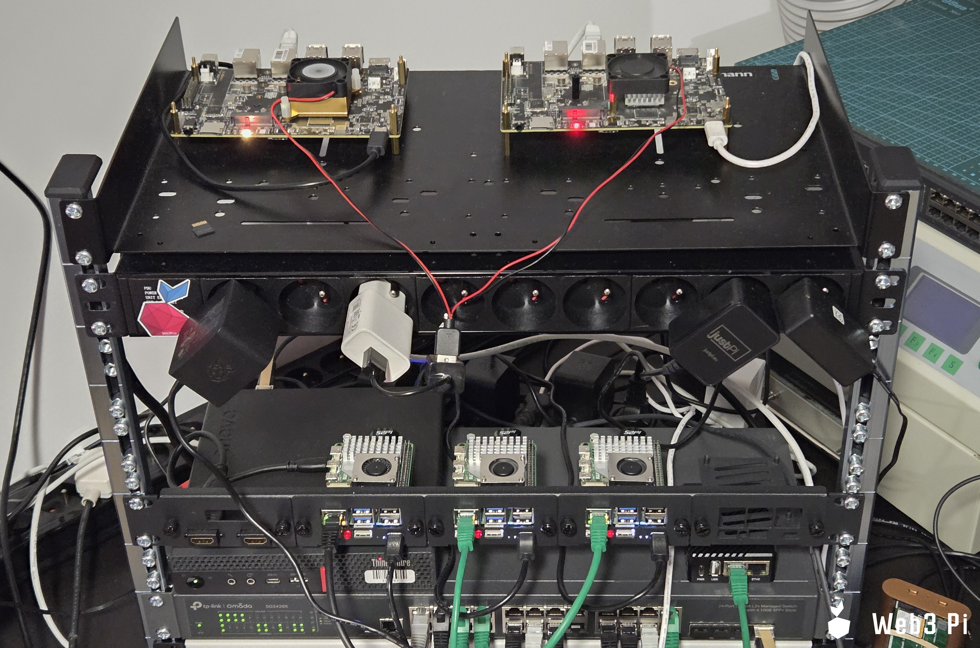 📸Photo: A broader view of the setup. At the bottom, there's a 1Gbit switch. Above it are three Raspberry Pi 5 boards with Web3 Pi, and at the top two Banana Pi F3 boards.