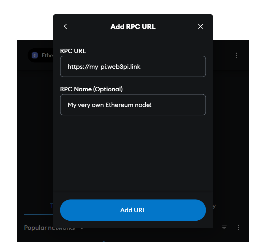 Custom RPC URL being added in a crypto wallet